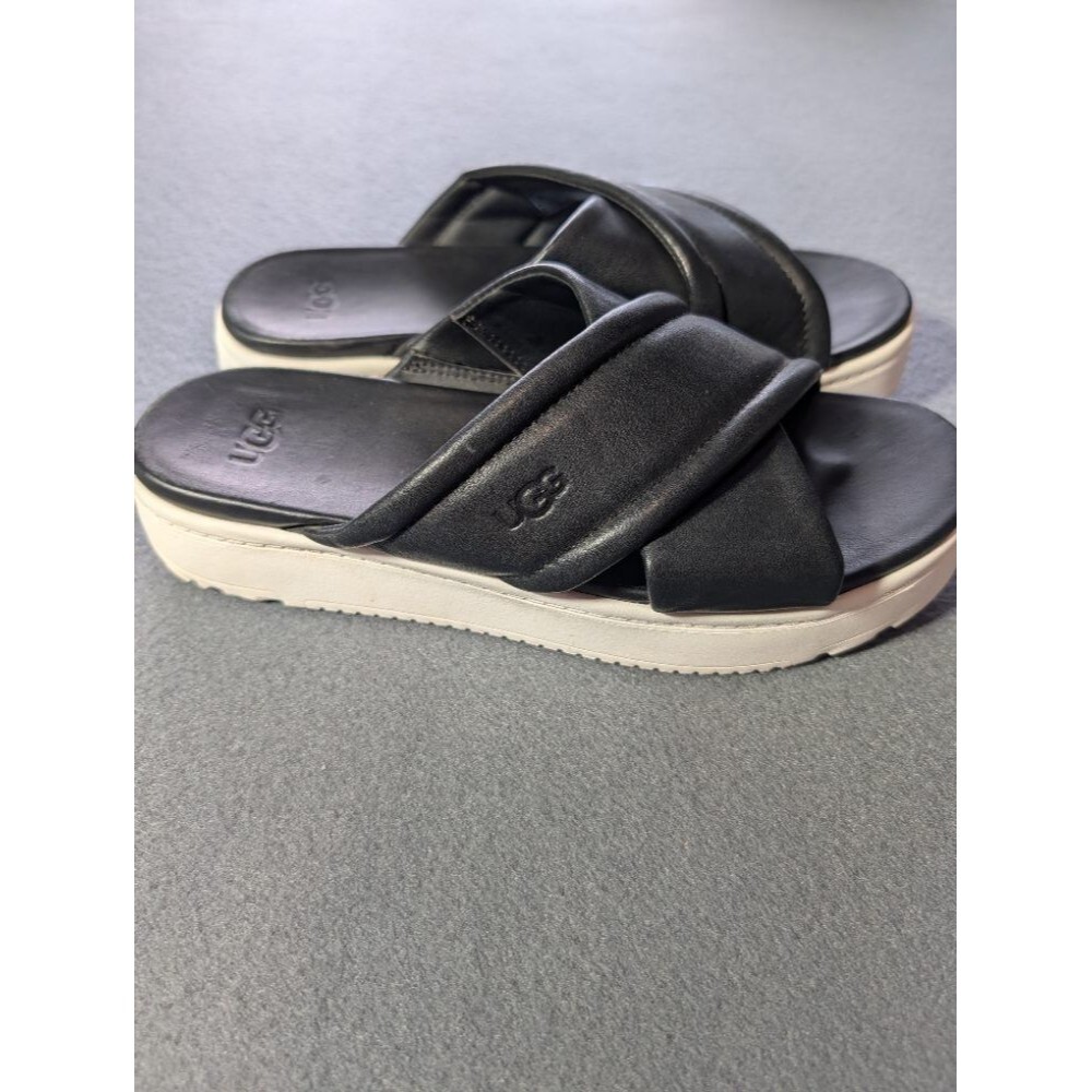 UGG Women's Black Leather Platform Crisscross Slide Sandals Size 8